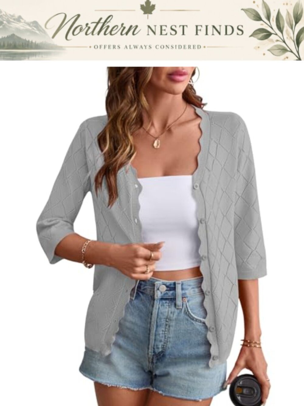 Womens Crochet Cardigan 3/4 Sleeve Lightweight Button Down Shrug